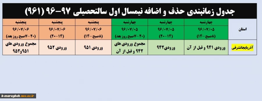 جدول زمانبندی حذف و اضافه 961 4