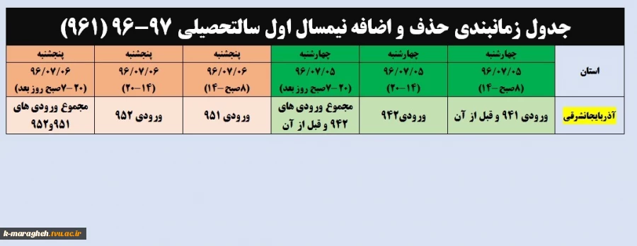 جدول زمانبندی حذف و اضافه 961 4