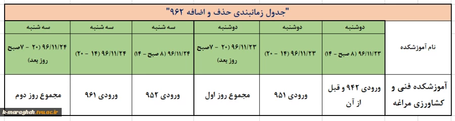 جدول زمانبندی حذف و اضافه 962 2