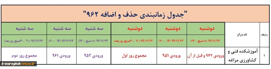 جدول زمانبندی حذف و اضافه ترم 962 6