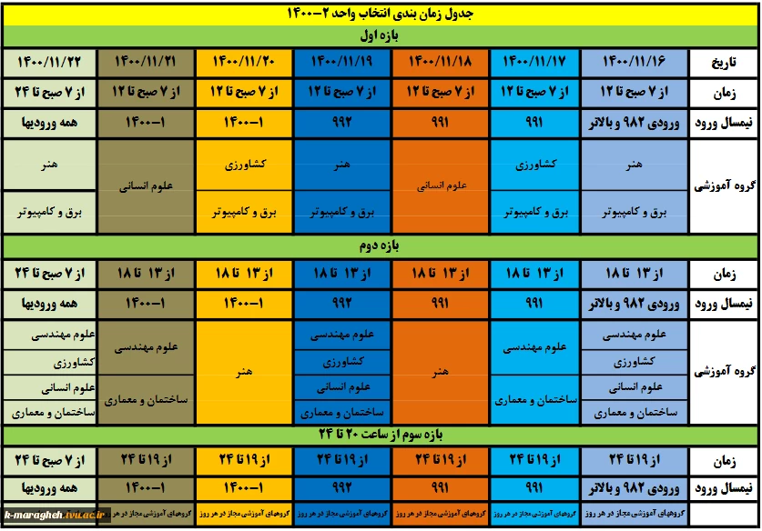 جدول زمانبندی انتخاب واحد نیمسال دوم سالتحصیلی1401-1400 2