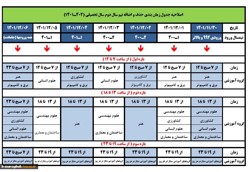 اصلاحیه جدول زمانبندی انتخاب واحد 2