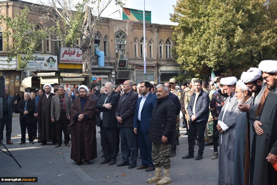 حضور کارکنان،اساتید و دانشجویان آموزشکده فنی و کشاورزی مراغه در تجمع مردم فهیم،ولایی و شهید پرور مراغه در حمایت از مردم مظلوم غزه و محکومیت جنایات رژیم غاصب فلسطینی در میدان طلوع فجر 3