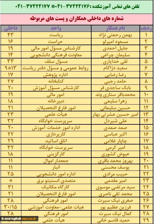شماره تماس های داخلی